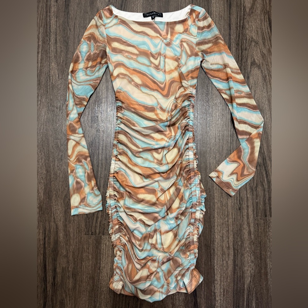 Dynamite Multicolor Ruched Long Sleeve Dress